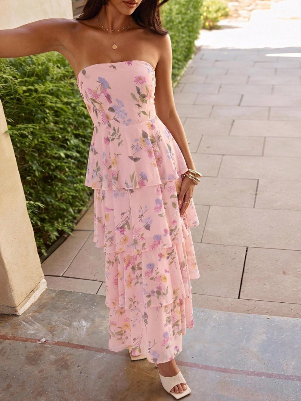 Dusty Pink Boho Floral Women's Strapless Chiffon Dress - Picture 10 of 10